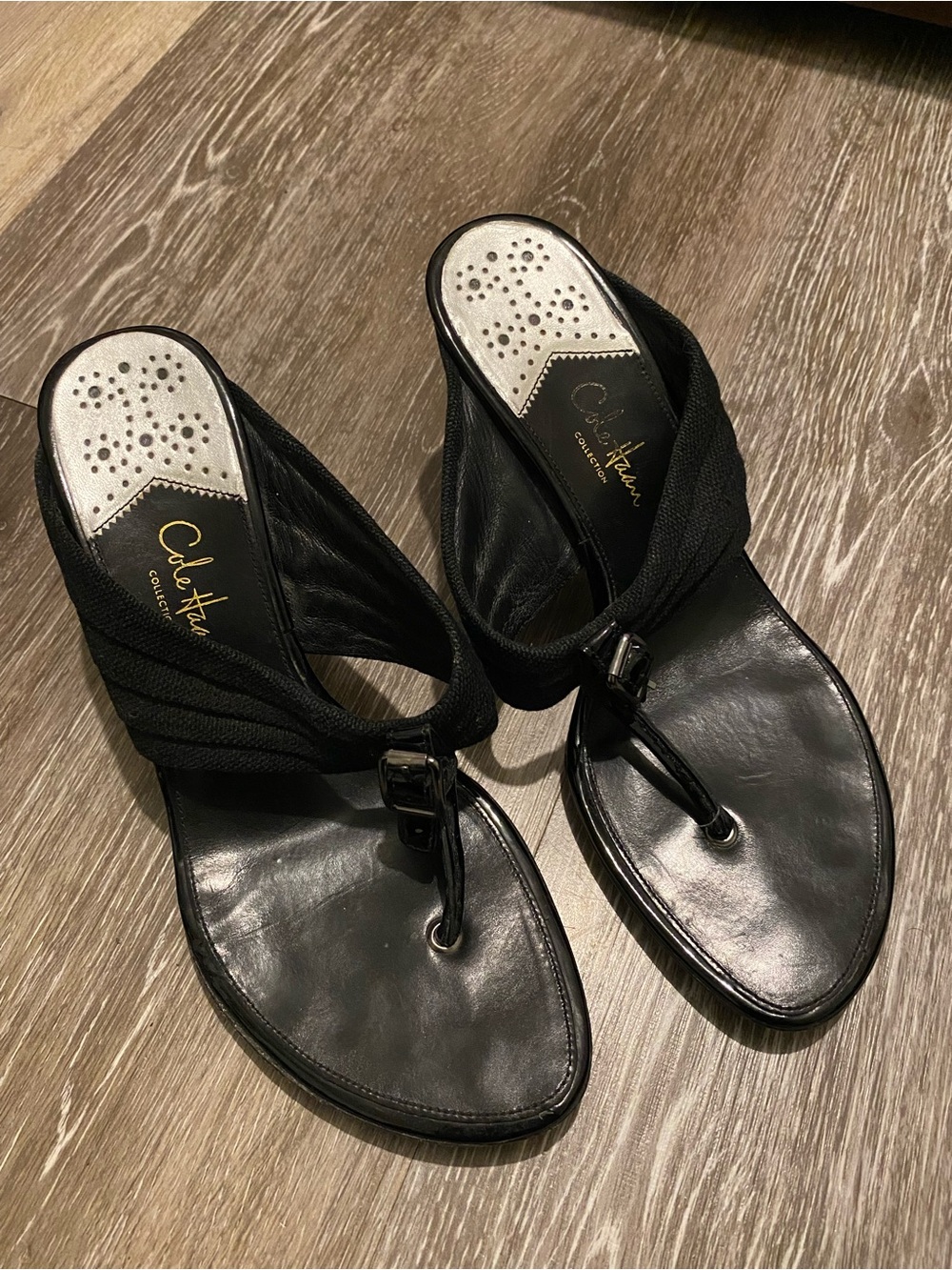 Cole Haan Black Leather Thong Heels with Buckle Accent